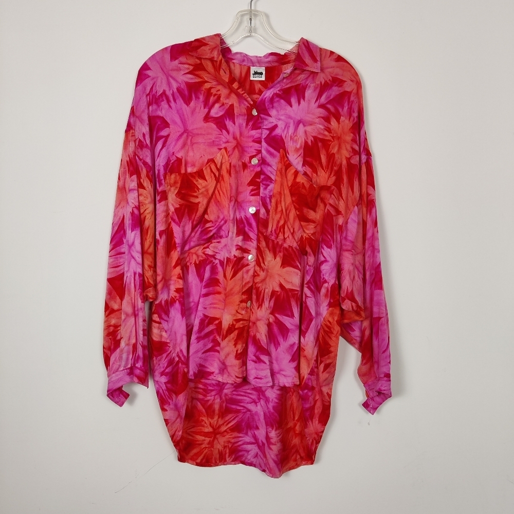 Luna Women's Vibrant Tie-Dye Button-Down Blouse in Pink Size XXL